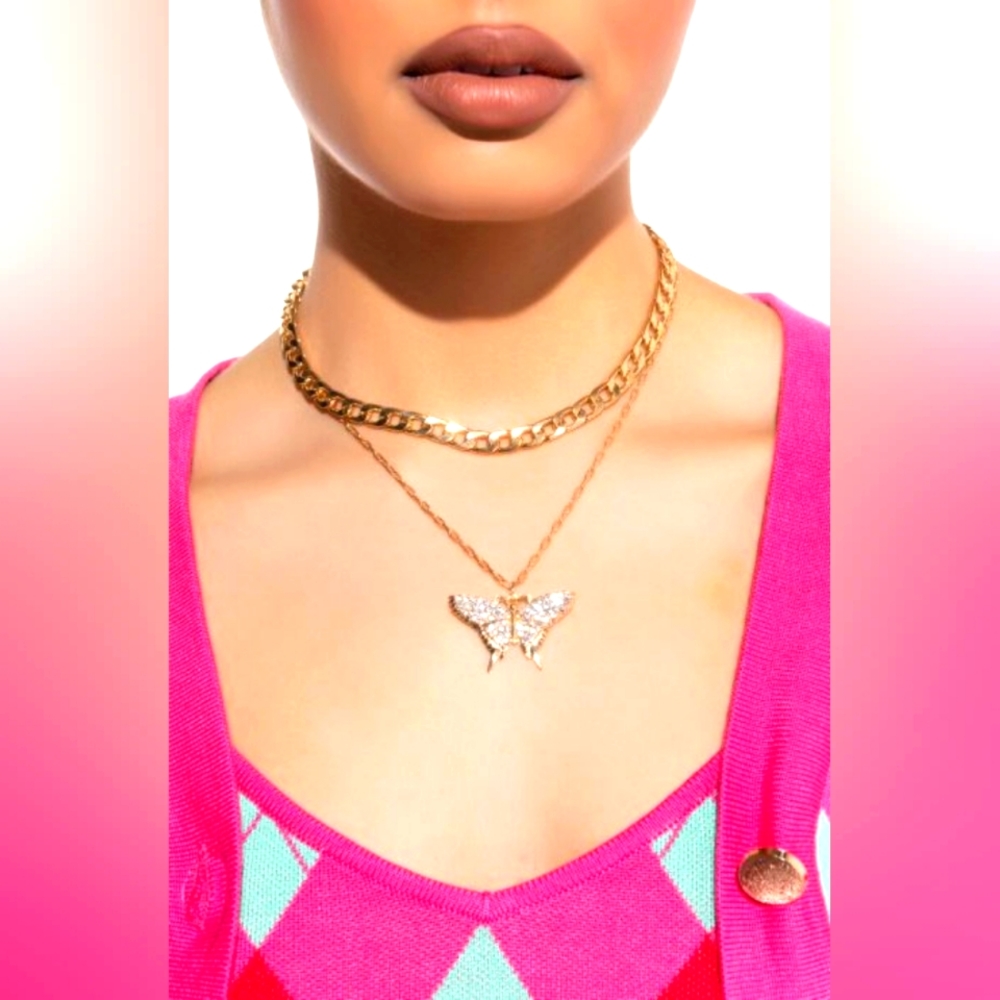 NWT Gold&Rhinestone Butterfly and Link Layered Chain